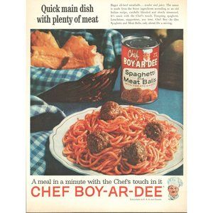 1961 Chef Boy-ar-dee Spaghetti Meatballs Vintage Print Ad Blue Plaid Napkins 60s